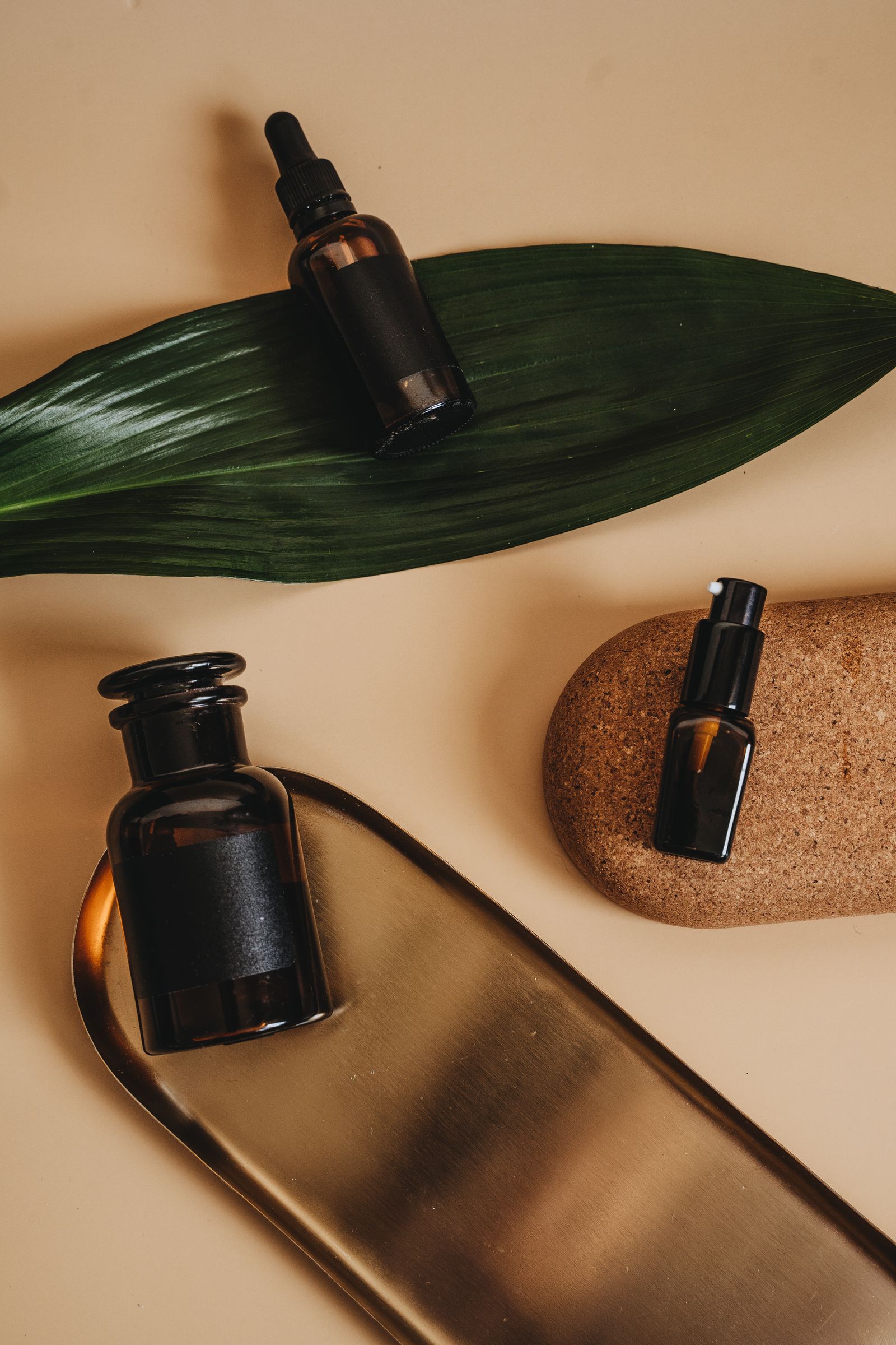 Skincare products on a warm, natural background